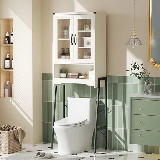 Over The Toilet Storage Cabinet with Tempered Glass Doors & Adjustable Shelf, Bathroom Organizers and Storage with Metal Stand Space Saver Over Toilet Organizer, Tall Freestanding Rack, White - ModernBath