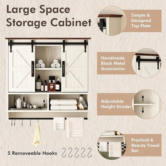 RUSTOWN Farmhouse Bathroom Wall Cabinet,3-Tier Rustic Wood Wall Mounted Cabinets,Vintage Medicine Cabinet with Sliding Barn Door and Adjustable Shelves,Over The Toilet Storage Cabinet (Vintage White) - ModernBath