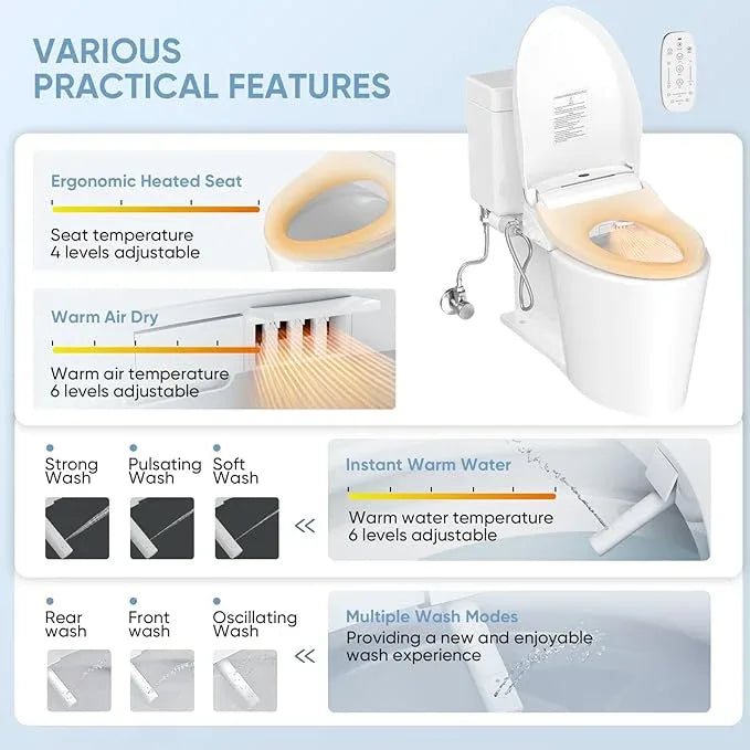 LEIVI Electric Bidet Toilet Seat with Wireless Remote and Side Panel, Multiple Spray Modes, Adjustable Heated Seat, Warm Water and Air Dryer, Auto LED Nightlight, Round - ModernBath