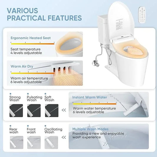 LEIVI Electric Bidet Toilet Seat with Wireless Remote and Side Panel, Multiple Spray Modes, Adjustable Heated Seat, Warm Water and Air Dryer, Auto LED Nightlight, Elongated - ModernBath