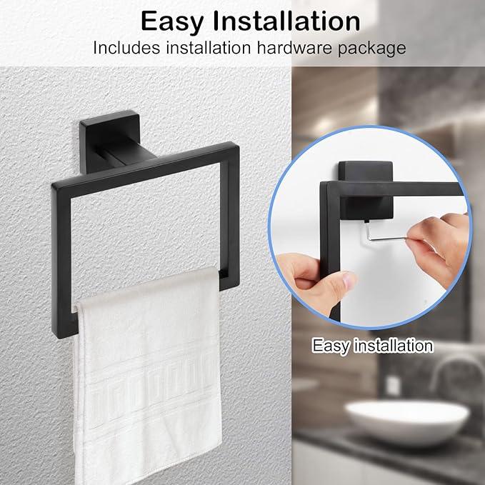 2-Piece Matte Black Square Towel Ring,Modern Hand Towel Holder for Bathroom,Stainless Steel Towel Hangers Wall-Mounted Bathroom Accessories - ModernBath