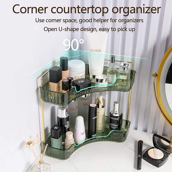 shuang qing 2-Tier Corner Bathroom Counter Organizer – Storage Shelf for Makeup, Perfume & Skincare, Space-Saving Countertop Tray Fits Bathroom, Dresser, Kitchen (Green) - ModernBath