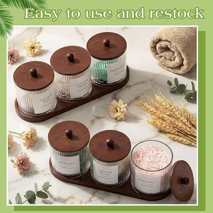 Vesici 6 Pack Bathroom Canisters Ribbed Apothecary Jars with Bamboo Lids 2 Bamboo Trays and 9 Label Stickers Cotton Swabs Holder Bathroom Organizer Storage Set Acrylic 18 oz Dispenser Container(Brown) - ModernBath
