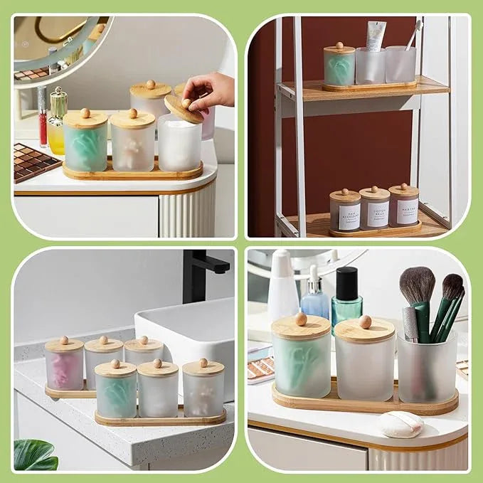 Chengu 6 Pack Cotton Swab Holder with Bamboo Lids and Trays and Labels Glass Round Swab Dispenser Cotton Ball Holder Glass Apothecary Jars Floss Pick Containers Bathroom Organizers (White) - ModernBath