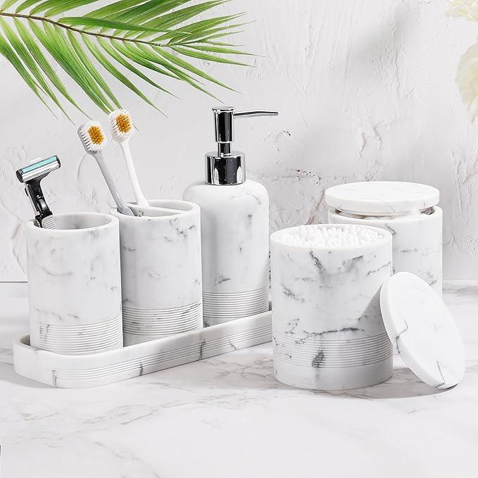 Bathroom Accessories Set, 6-Piece Bathroom Accessory Set, Toothbrush Holders Set, Soap Dispenser, Vanity Tray, Tumbler, Cotton Swab Jars, Bathroom Organizer for Modern Bathrooms (Marble White) - ModernBath