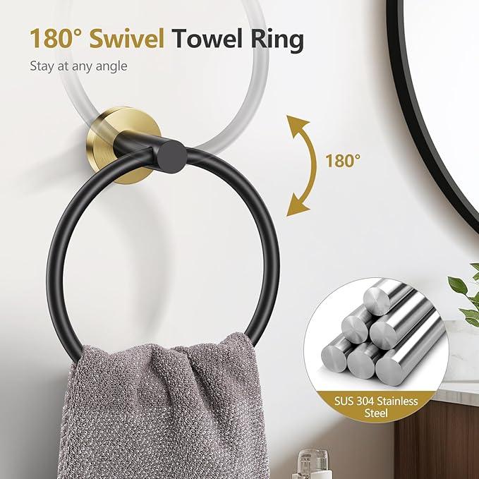 TQKAG Black and Gold 5 Piece Bathroom Hardware Accessories Set 23.6" SUS304 Stainless Steel Bathroom Towel Bar Holder Sets Double Post Pivoting Toilet Paper Holder Set Wall Mounted - ModernBath