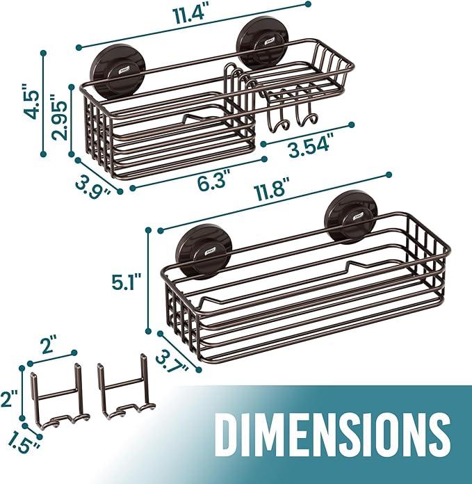 TAILI Shower Caddy Suction Cup 2 Pack with Hooks & Soap Holder, No Drilling Bathroom Organizer with Large Capacity, Heavy Duty Shower Organizer for Bathroom,Metal Storage Basket-Brown - ModernBath