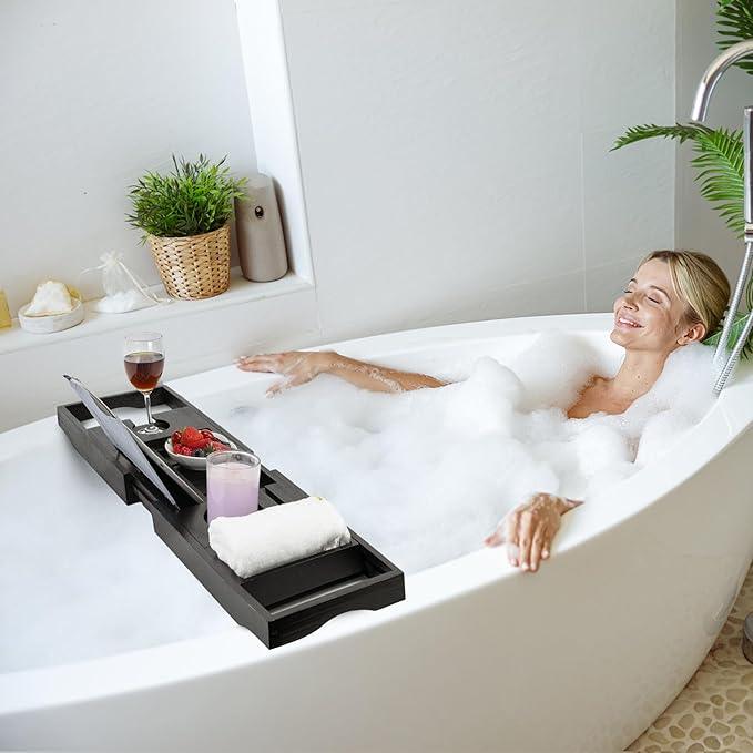 Utoplike Bamboo Bathtub Tray Caddy, Black Bath Tray Table for Tub, Adjustable Bathroom Organizer with Book Tablet Wine Glass Cup Towel Holder - ModernBath