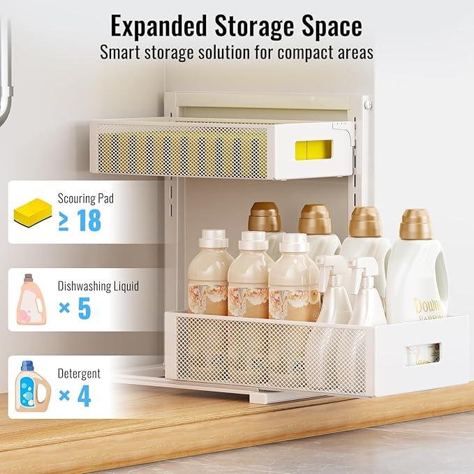 Full Metal Under Sink Organizer, Pull Out Cabinet Organizers and Storage, Silk-Smooth Sliding Drawer for Kitchen, Bathroom, Pantry, Cabinet, Closet (White, 2 Pack) - ModernBath