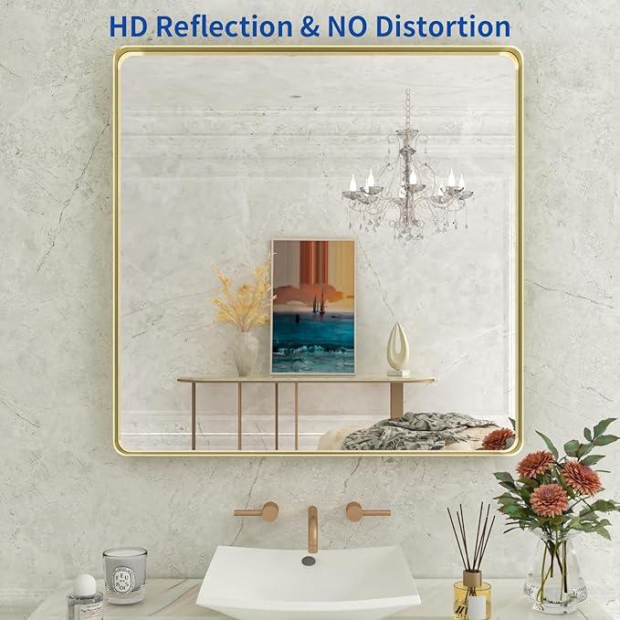 WEER Gold Bathroom Mirror, 36X36 Inch Brushed Metal Frame, Rounded Rectangle Vanity for Wall, Tempered Glass, Anti-Rust, Hangs Horizontally or Vertically - ModernBath