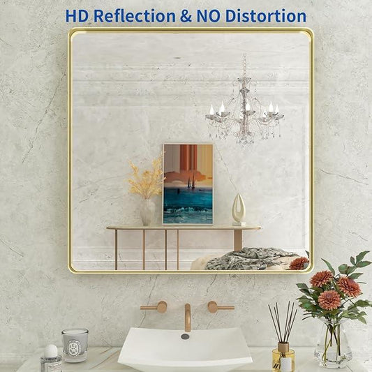 WEER Gold Bathroom Mirror, 36X36 Inch Brushed Metal Frame, Rounded Rectangle Vanity for Wall, Tempered Glass, Anti-Rust, Hangs Horizontally or Vertically - ModernBath