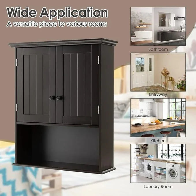 Tangkula Wall Mount Bathroom Cabinet Wooden Medicine Cabinet Storage Organizer with 2-Doors and 1-Shelf Cottage Collection Wall Cabinet (Espresso) - ModernBath