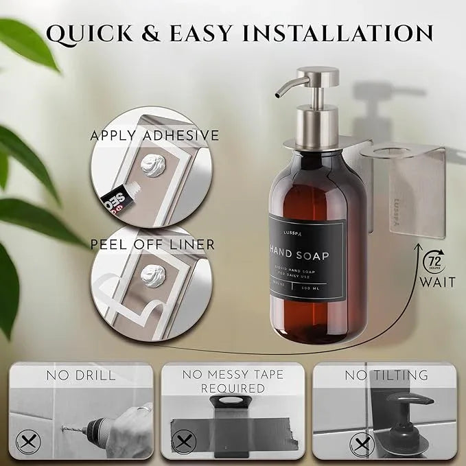 Shampoo & Conditioner Dispenser - Shower Soap Dispenser Wall Mounted - 16.9 Oz Plastic Bottle with Pump & Holder - Shampoo Dispenser - Shower Dispenser Chamber No Drill (1 X Amber/Silver) - ModernBath
