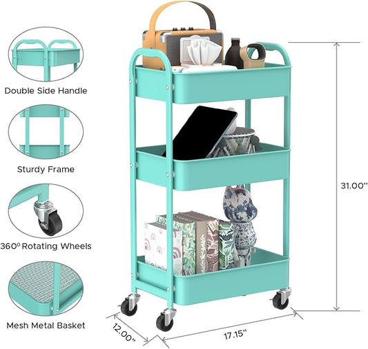 MAX Houser 3-Tier Rolling Utility Cart with Caster Wheels,Easy Assembly, for Kitchen, Bathroom (Turquoise)