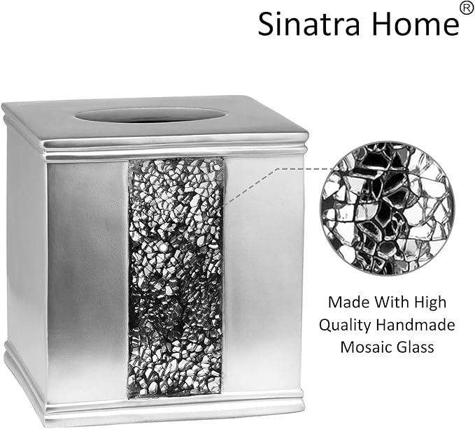 Zahari Home 2pc Sinatra Silver Modern Bath Accessories Set Waste Basket & Tissue Box Modern Classic Contemporary Decorative Beautiful Designs Bathroom Decor Set for Home Mosaic Glass - ModernBath