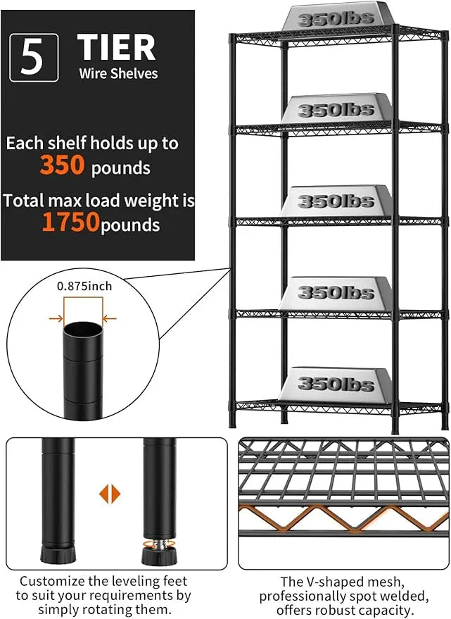 5 Tier Heavy Duty Adjustable Storage Shelf Organizer Storage Metal Shelves Garage Wire Shelving Unit Pantry Rack 18" D x 36" W x 71.25" H,Black - ModernBath
