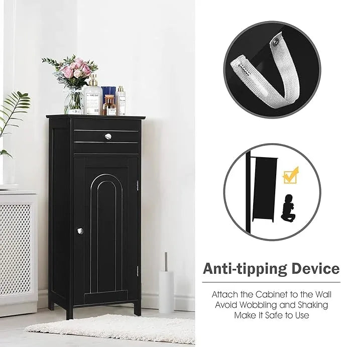 HAPPYGRILL Bathroom Floor Cabinet, Single Door Floor Storage Cabinet Organizer with Drawer and 3-Level Adjustable Shelves, Bathroom Cabinets Freestanding with Anti-Tipping Device for Living Room - ModernBath
