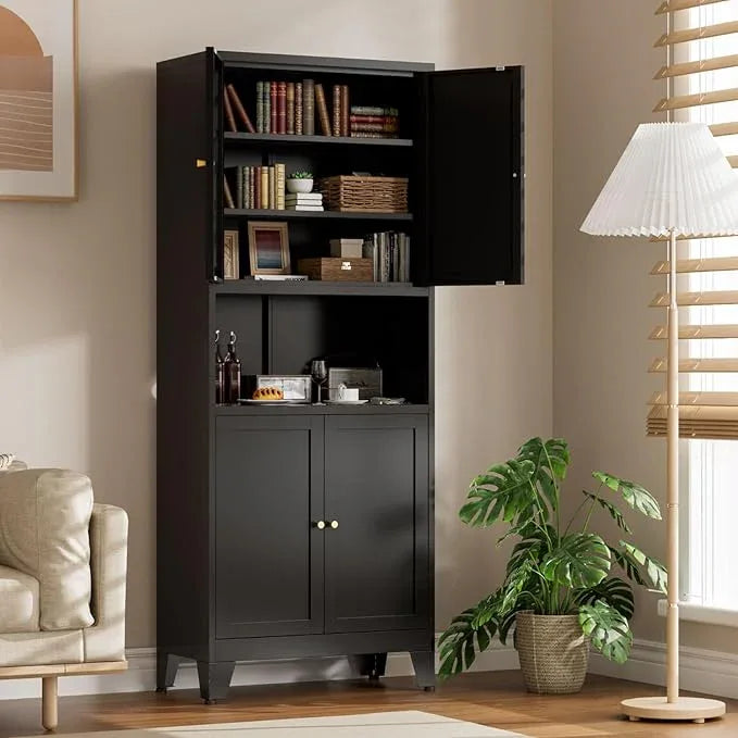 Metal Kitchen Pantry Cabinet, 69" Tall Storage Cabinet with 4 Doors and 3 Adjustable Shelves, Freestanding Cupboards for Dining Room, Living Room, Bathroom (Black, 69" H) - ModernBath