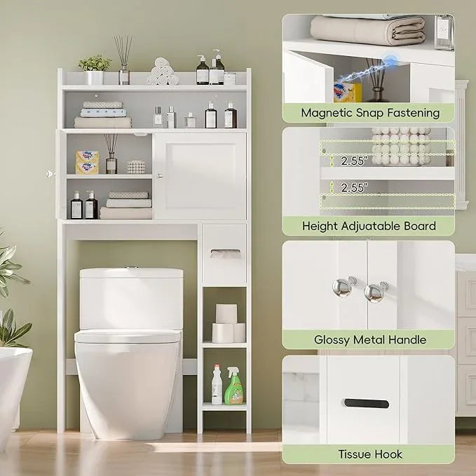 MU Over The Toilet Storage Cabinet with Doors, 32" Bathroom Storage Organizer with Side Shelves, Space-Saving Toilet Storage Rack for Bathroom, Laundry (White) - ModernBath