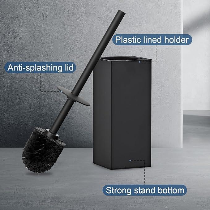 Toilet Brush and Holder Set, NEWRAIN Stainless Steel Toilet Brush with Long Brush Handle, Matte Black Toilet Scrubber and Covered Holder, Square Design Sturdy and Space Saving - ModernBath