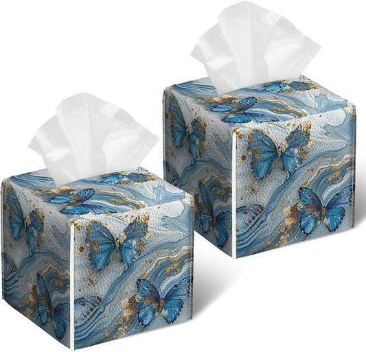 Blue Butterfly Tissue Box Cover 2PCS, Marble Leather Tissue Box Holder Square Facial Paper Case Tissue Box Cube Organizer for Bathroom Bedroom Desk Office - ModernBath