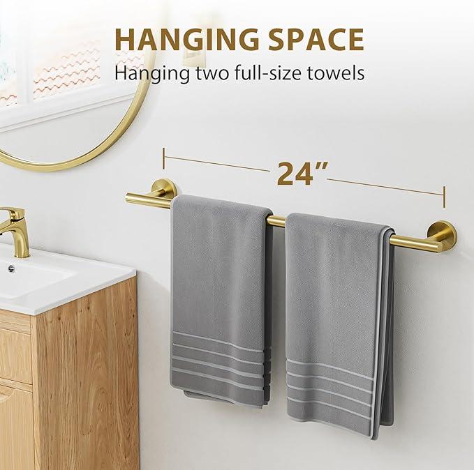 Brushed Gold Towel Bar 24 Inch (Total Length 26-Inch), Thicken Towel Rack for Bathroom Wall, SUS304 Stainless Steel Towel Rod, Modern Home Decor - ModernBath