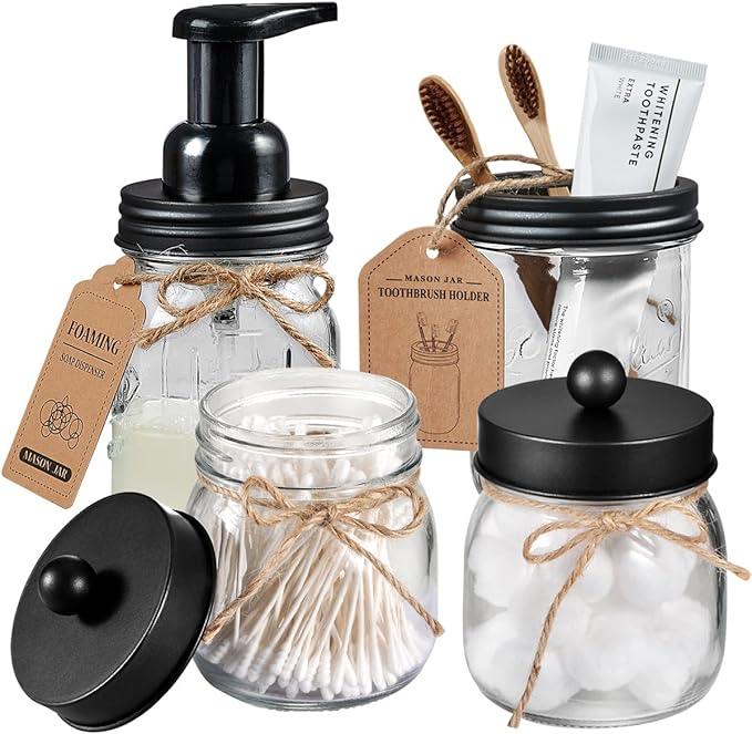 Amolliar Mason Jar Bathroom Accessories Set 4 Pack - Foaming Soap Dispenser&2 Qtip Holders&Toothbrush Holder-Rustic Farmhouse Decor Bathroom Organizer Apothecary Jar Country Countertop (Black) - ModernBath