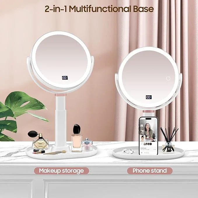 GOMIPURU Makeup Magnifying Mirror with Light 30X/1X, Digital Display, 2-Sided Touch Control, Makeup Mirror with 3 Color Lights,360° Rotate, Height Adjustable Lighted Magnifying Mirrors for Desk Travel - ModernBath