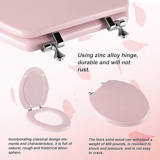 Pink Elongated Toilet Seat Natural Wood Toilet Seat with Zinc Alloy Hinges, Easy to Install also Easy to Clean, Scratch Resistant Toilet Seat by Angol Shiold (Elongated, Pink) - ModernBath