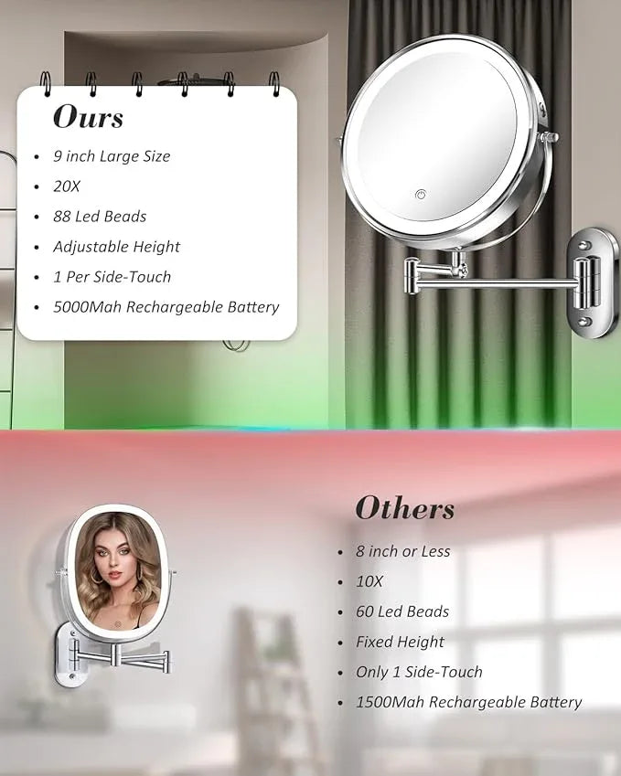vpu 9" Wall Mounted Makeup Mirror with Light, 20X/1X Height Adjustable Double Sided Magnifying Bathroom Lighted Mirror, 3 Color Touch Dimmable Extended Arm 360 Rotation Light up Magnification Mirrors - ModernBath