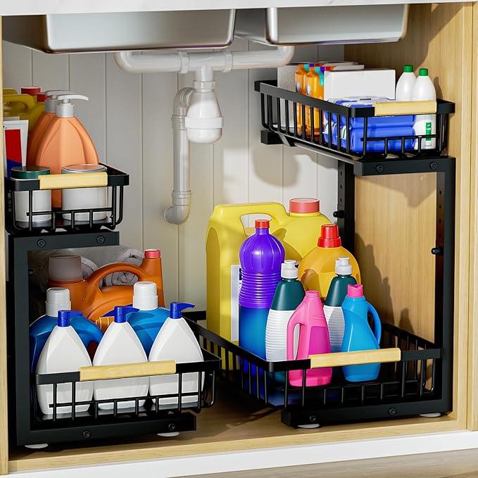 2Pcs Under Sink Organizer, Adjustable Under Sink Organizers and Storage, 2-Tier Pull Out Under Kitchen Sink Organizer, Sliding Out Metal Under Bathroom Sink Organizer for Kitchen Pantry Black - ModernBath