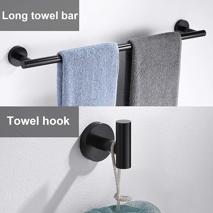 6 Pieces Matte Black Bathroom Hardware Accessories Set, SUS304 Stainless Steel 24 Inch Bath Towel Bar Set, Round Bathroom Towel Holder Set, Towel Racks for Bathroom Wall Mounted - ModernBath