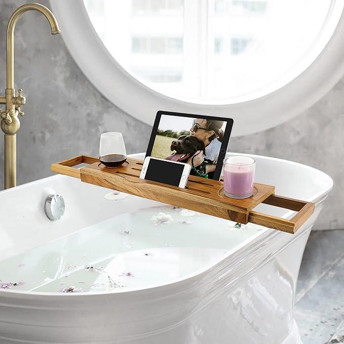 EcoFives Teak Bathtub Tray Caddy - Expandable Bath Tray - Adjustable Organizer Tray for Bathroom - Luxury Bath Caddy Tub Table, Bathtub Accessories & Bathroom Gadgets - ModernBath