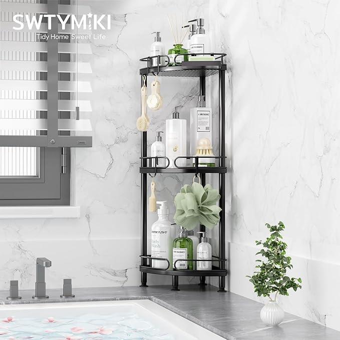 SWTYMIKI Corner Shower Caddy Standing - 3 Tier Rustproof Metal Shower Organizer Stand with Soap Holder and 4 Hooks, Freestanding Floor Shower Storage Stands for Bathroom, Black - ModernBath