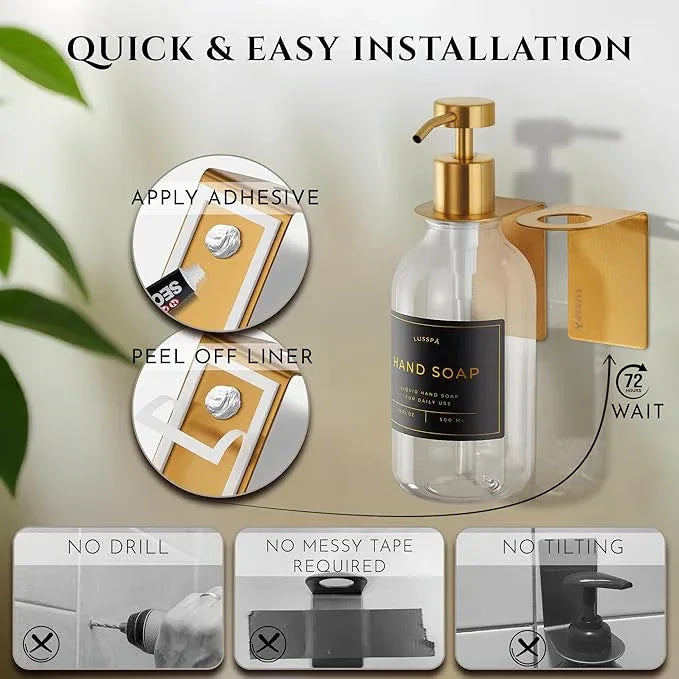 Shampoo & Conditioner Dispenser - Shower Soap Dispenser Wall Mounted - 16.9 Oz Plastic Bottle with Pump & Holder - Shampoo Dispenser - Shower Dispenser Chamber No Drill (1 X Clear/Gold) - ModernBath