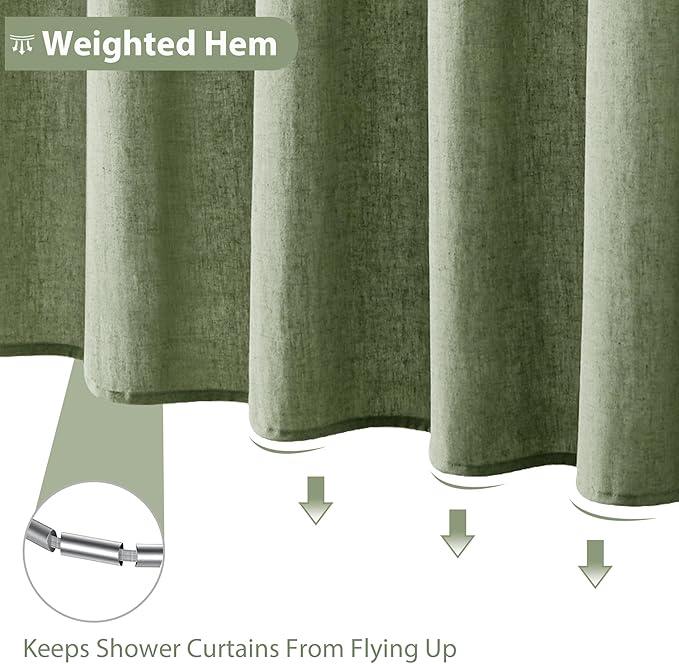 Jowels Sage Green Linen Shower Curtain, Boho Farmhouse Shower Curtain Set for Bathroom, 200GSM Luxury Weighted Water Resistant Fabric Textured Shower Curtains with 12 Metal Hooks, 72Wx72H - ModernBath