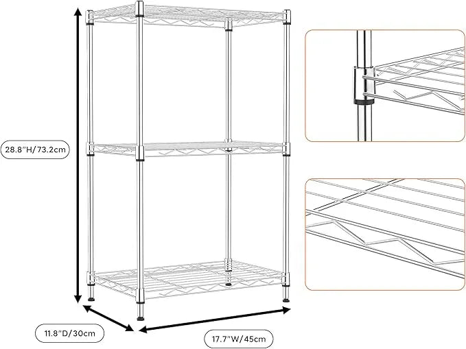 3 Tiers Shelf Metal Storage Shelves Wire Rack Closet Organizers with Wheel for Garage Kitchen Bathroom Laundry Chrome 11.8" D x 17.7" W x 28.8" H - ModernBath