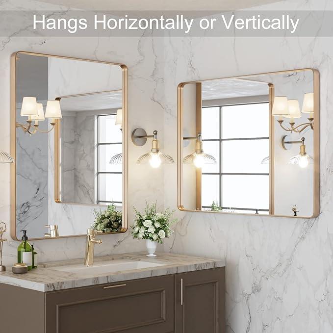 LOAAO 28”X36” Gold Bathroom Mirror, Rounded Rectangle Gold Frame Mirror, Brushed Gold Bathroom Vanity Mirror Wall-Mounted, Anti-Rust, Hangs Horizontally or Vertically - ModernBath