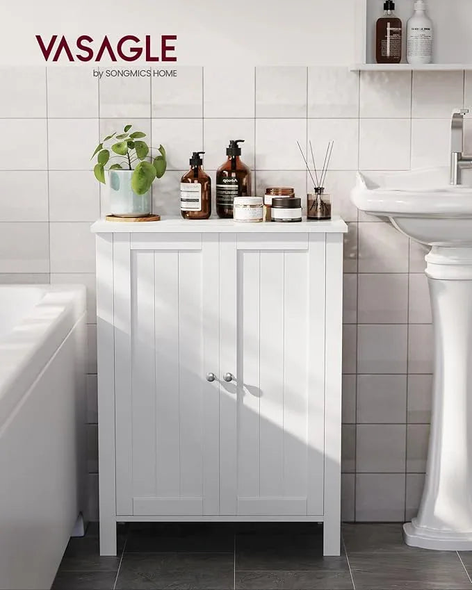 VASAGLE Floor Storage Cabinet, Freestanding Storage Unit with 2 Adjustable Shelves, for Bathroom Living Room Dining Kitchen, 11.8 x 23.6 x 31.5 Inches, White UBCB60W - ModernBath
