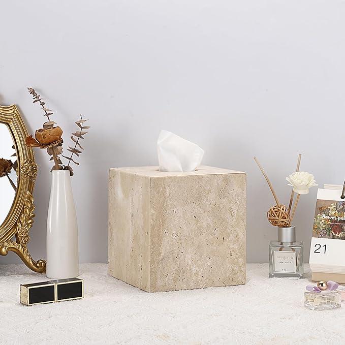 Sumnacon Square Tissue Box Cover Natural Travertine Tissue Cover with Pads, Heavy Duty Stone Tissue Box Holder,Gorgeous Tissue Holder for Toilet Bathroom Kitchen Bedroom Living Room Table,Light Beige - ModernBath