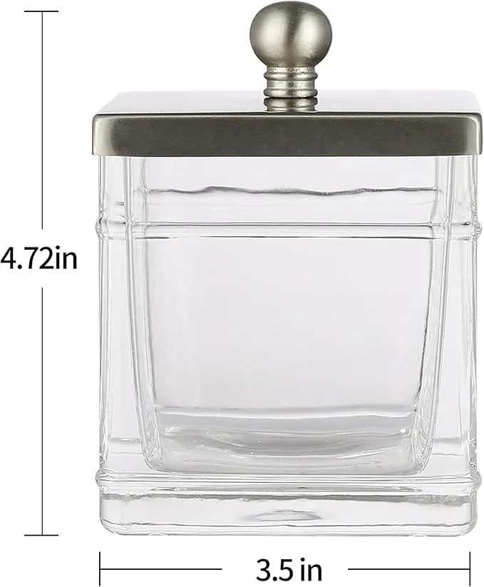 Indecor Home Glass Cotton Jar Holder 2 Pack– Satin Nickel Lid, Elegant Bathroom Storage Canister for Qtips, Cotton Balls, Floss, Makeup Organizer, Vanity & Bathroom Organization - ModernBath