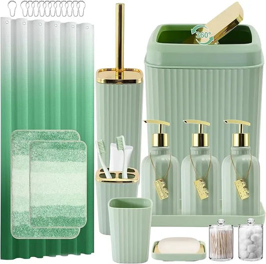 WSBArt 32PCS Bathroom Set Bathroom Sets with Shower Curtain and Rugs Green Bathroom Accessories,Shower Curtain Set,Bathroom Rug Set with Bathroom Trash Can - ModernBath