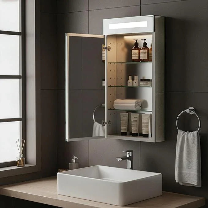Fine Fixtures Bathroom Medicine Cabinet, Aluminum, Recessed/Surface Mount, 20" x 30", Left Hinged, Mirrored Interior w/LED - ModernBath