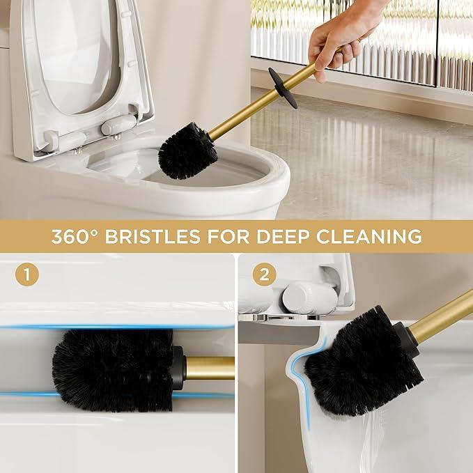 FORIOUS Toilet Brush and Holder Set, 304 Stainless Steel Long Handle and Heavy Duty Base for Bathroom Deep Cleaning, Drip-Proof, Space Saving for Storage, 2 Toilet Bowl Brush Head, Dark Gold - ModernBath