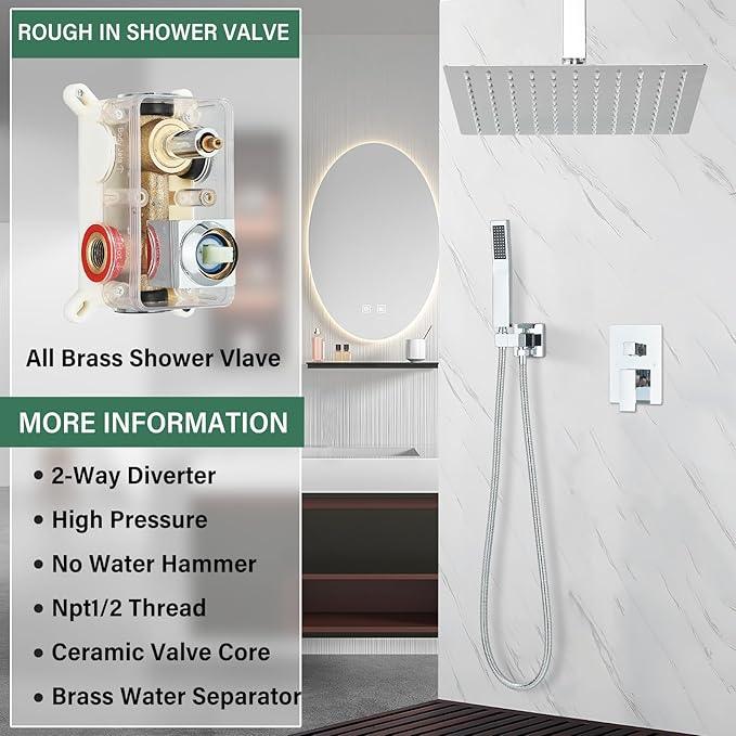 Shower Faucet Set Chrome Rain Shower System with High Pressure 10 Inches Rain Shower Head and Handheld Spray Bathroom Luxury Rain Mixer Shower Complete Combo Set Ceiling Mounted - ModernBath