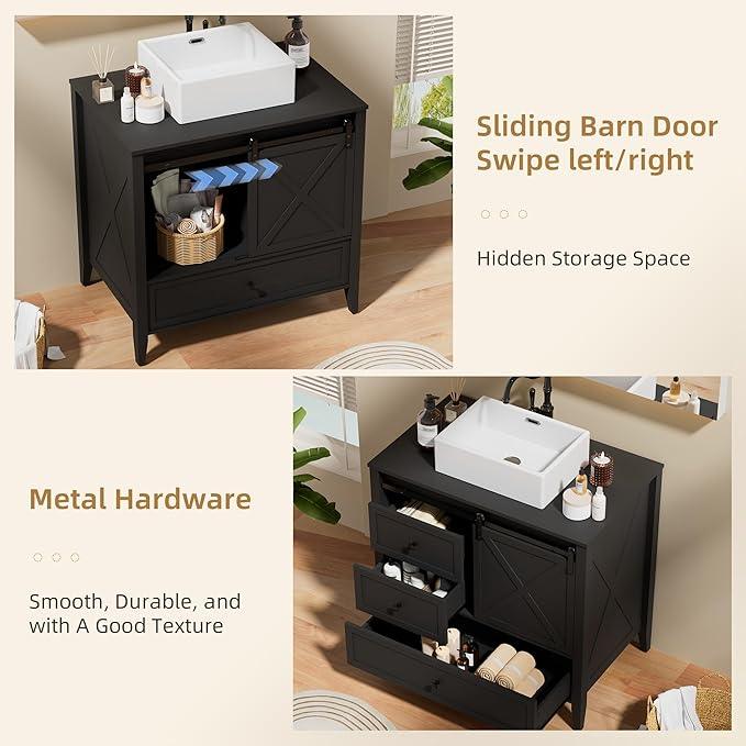 VNN Bathroom Vanity with Sink - 36 Inch Bathroom Vanity with Sink Ceramic, Freestanding Cabinet with Farmhouse Sliding Barn Door and 3 Drawers, Space-Saving Storage Cabinet, Wood Grain Texture, Black - ModernBath