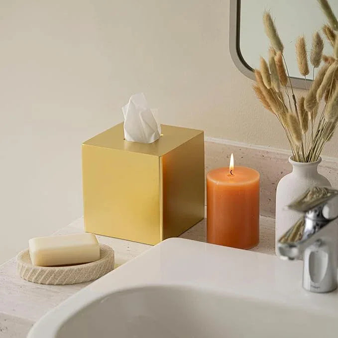 Yew Design Gold Square Tissue Box Cover, Decorative Tissue Box Dispenser for Bathroom, Parlors, Office, Bedroom Dresser, Vanity Countertop, Nightstand, Car, and Desk - ModernBath