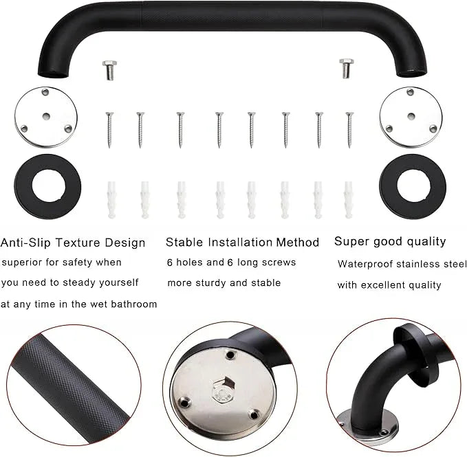 Rackickyer Shower Grab Bar, 2 Pack 16 Inch Black Bathroom Grab Bar, 1.25" Diameter 304 Stainless Steel Anti-Slip Grab Bars for Bathtubs and Showers, Handicap Shower Grab Bar for Seniors Elderly - ModernBath