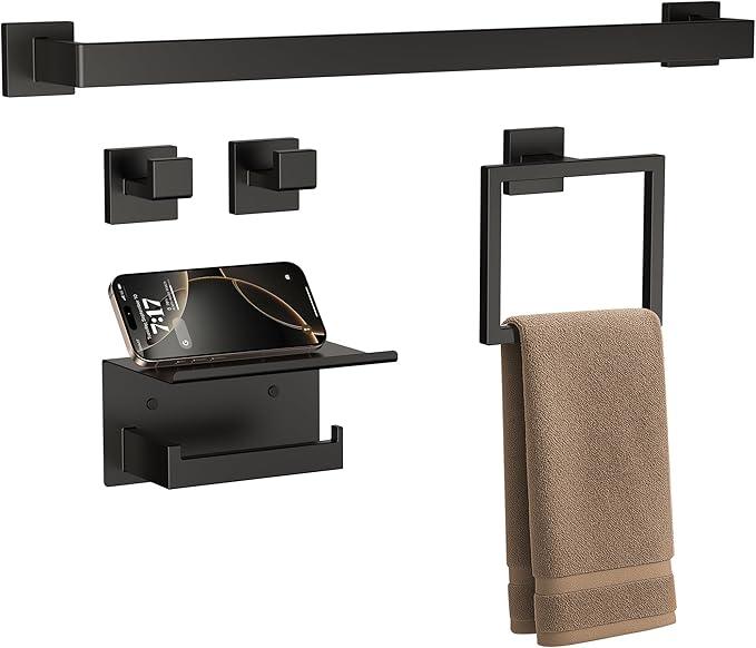 5-Piece 23.6 Inch Matte Black Bathroom Accessories Set, Bathroom Hardware Set, SUS304 Stainless Steel Bath Towel Bar Set, Toilet Paper Holder with Shelf, Towel Hooks, Towel Ring Wall Mounted - ModernBath