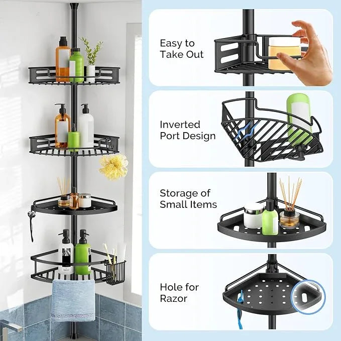 HAMITOR Corner Shower Caddy Tension Pole: Quick Installation 4-Tier Rustproof Bathroom Organizer Shelves for Bathtub Shampoo Storage - 47-121 inch Adjustable Floor Standing Bath Rack Holder - Black - ModernBath